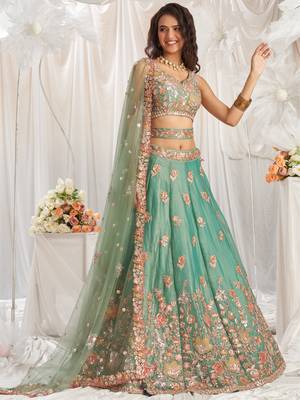 Lime green Organza Sequins embroidery Semi-Stitched Lehenga choli & Dupatta 4