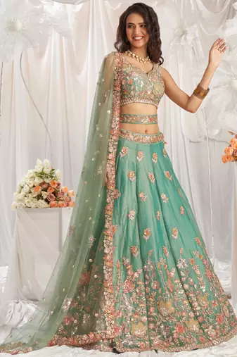 Lime green Organza Sequins embroidery Semi-Stitched Lehenga choli & Dupatta
