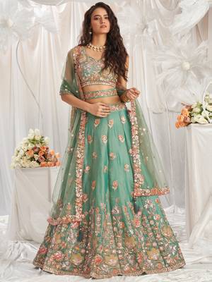 Lime green Organza Sequins embroidery Semi-Stitched Lehenga choli & Dupatta 5