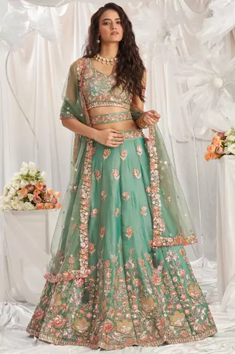 Lime green Organza Sequins embroidery Semi-Stitched Lehenga choli & Dupatta