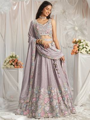 Mauve Pure Chiffon Sequins and thread embroidery Semi-Stitched Lehenga choli & Dupatta 1