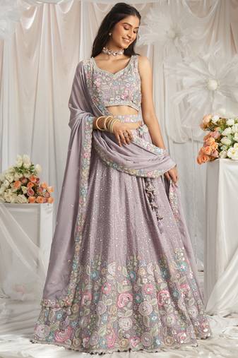 Mauve Pure Chiffon Sequins and thread embroidery Semi-Stitched Lehenga choli & Dupatta