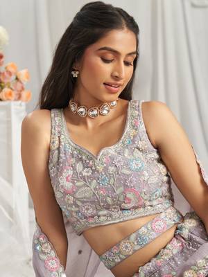 Mauve Pure Chiffon Sequins and thread embroidery Semi-Stitched Lehenga choli & Dupatta 2