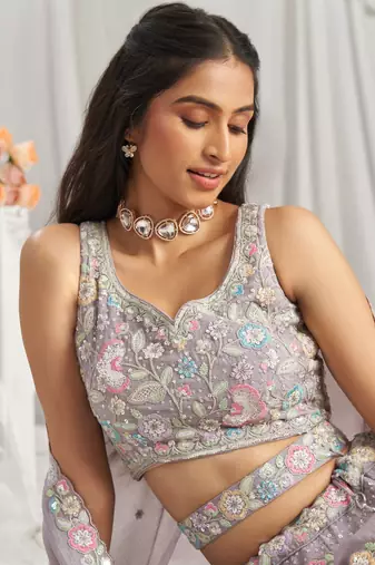 Mauve Pure Chiffon Sequins and thread embroidery Semi-Stitched Lehenga choli & Dupatta