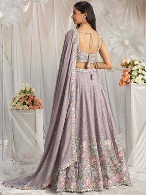 Mauve Pure Chiffon Sequins and thread embroidery Semi-Stitched Lehenga choli & Dupatta 3