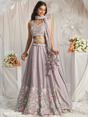 Mauve Pure Chiffon Sequins and thread embroidery Semi-Stitched Lehenga choli & Dupatta 4