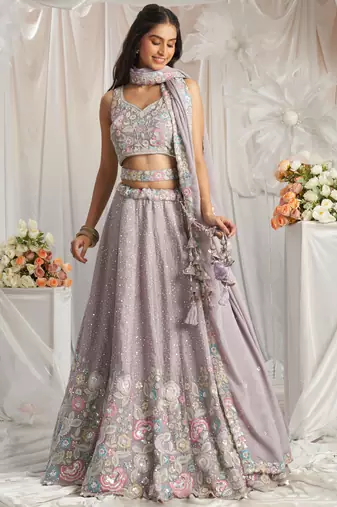 Mauve Pure Chiffon Sequins and thread embroidery Semi-Stitched Lehenga choli & Dupatta