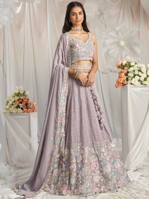 Mauve Pure Chiffon Sequins and thread embroidery Semi-Stitched Lehenga choli & Dupatta 5