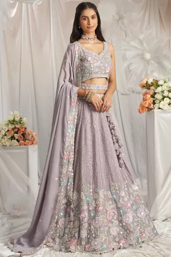 Mauve Pure Chiffon Sequins and thread embroidery Semi-Stitched Lehenga choli & Dupatta
