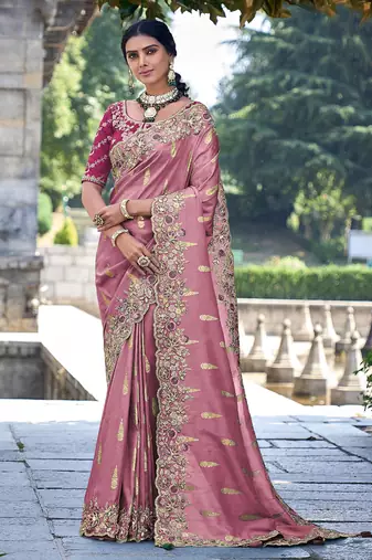  Jacquard Silk Embroidery border work Saree with Heavy work Unstitch Blouse Piece