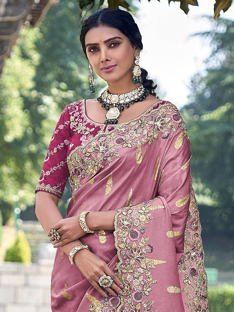  Jacquard Silk Embroidery border work Saree with Heavy work Unstitch Blouse Piece