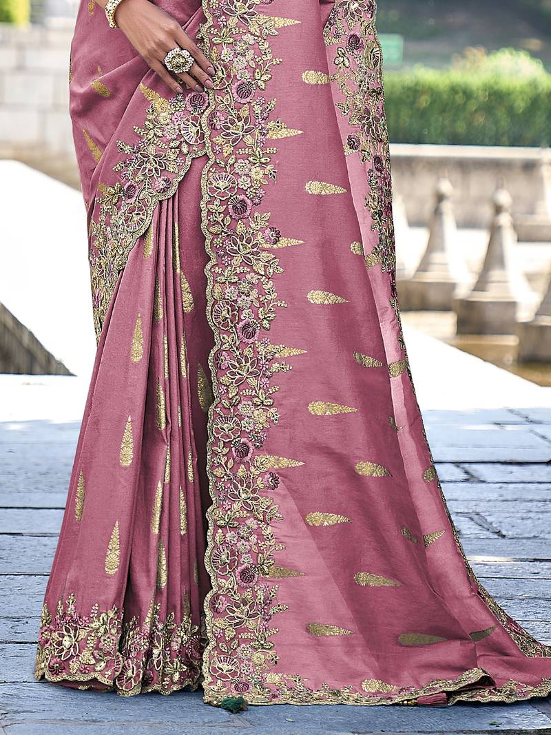  Jacquard Silk Embroidery border work Saree with Heavy work Unstitch Blouse Piece