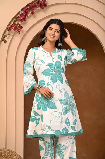 Green Floral Kurta Cord Set for Women