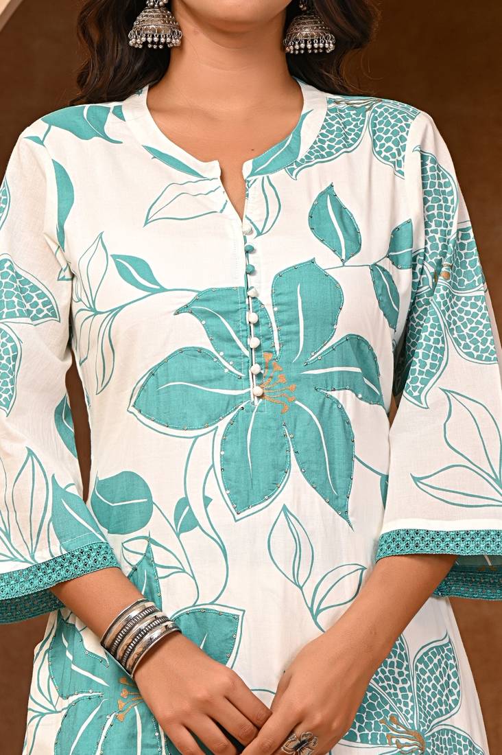 Green Floral Kurta Cord Set for Women