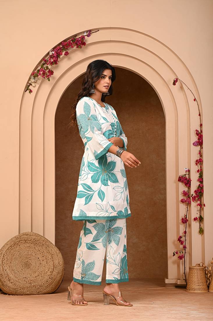 Green Floral Kurta Cord Set for Women