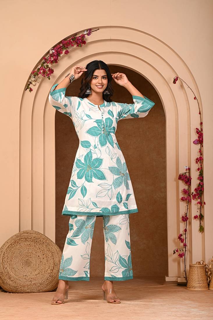 Green Floral Kurta Cord Set for Women