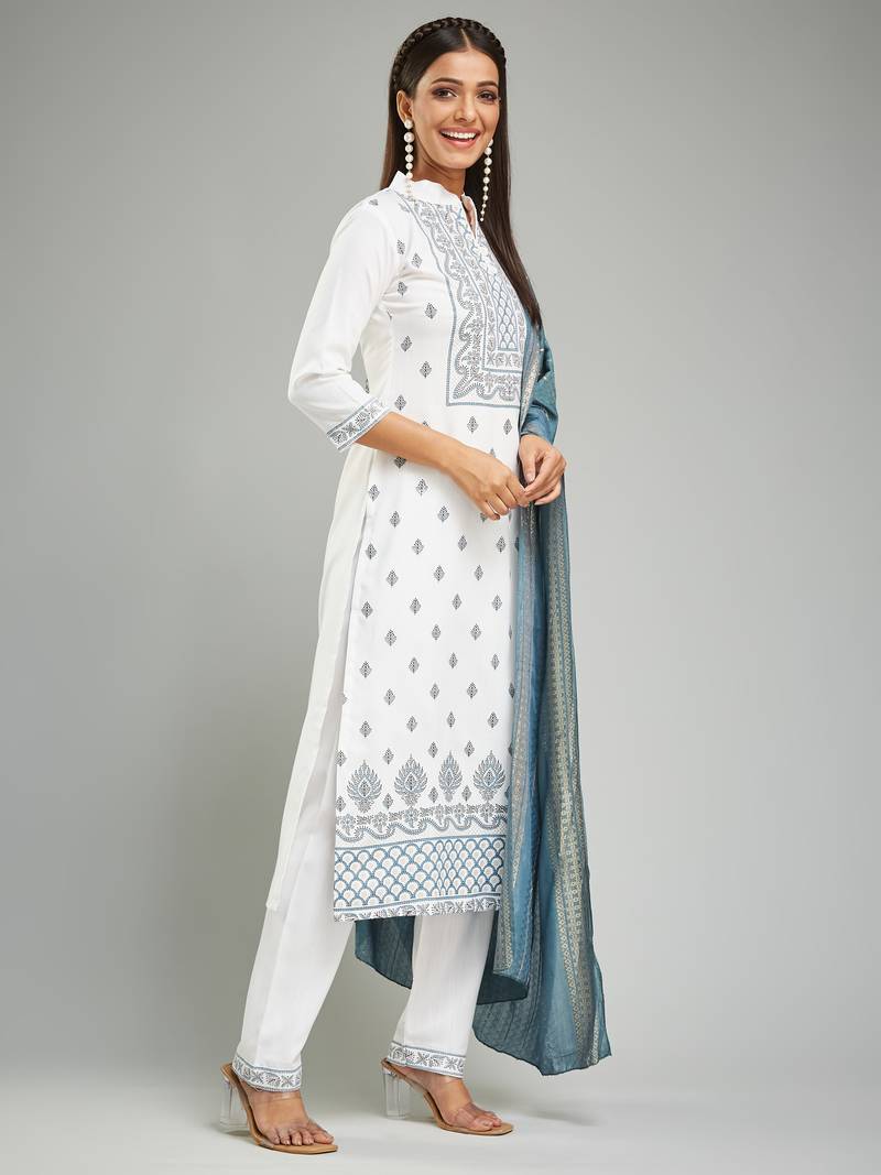 Rayon Fabric Khari Printed Work Kurta, Pant and Dupatta Set