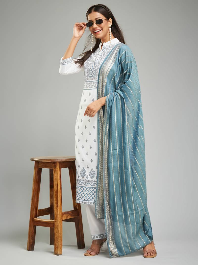 Rayon Fabric Khari Printed Work Kurta, Pant and Dupatta Set