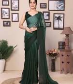 Teal georgette satin patta  ready to wear saree with contrast blouse