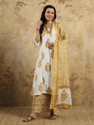 Cotton Blend Fabric Printed work Straight cut Kurta, Pant and Dupatta Set 1
