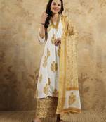 Cotton Blend Fabric Printed work Straight cut Kurta, Pant and Dupatta Set