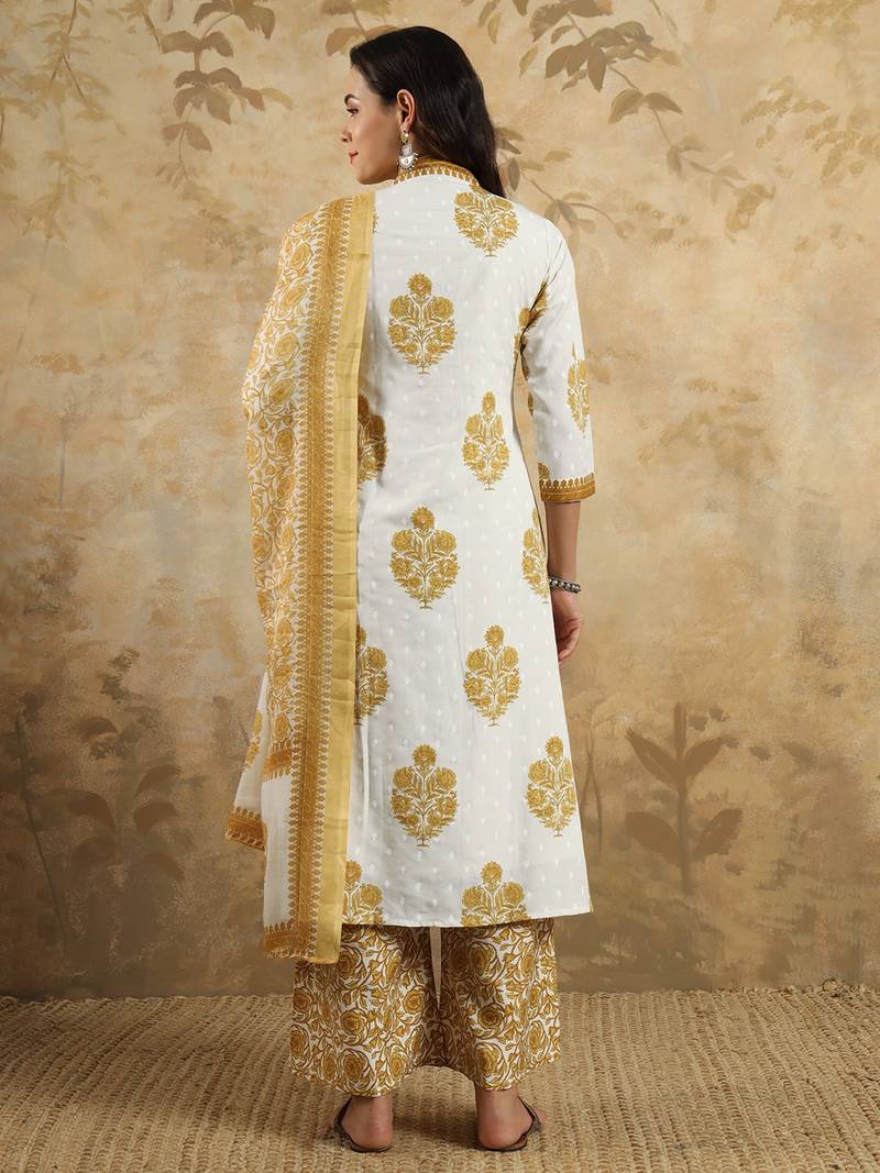 Cotton Blend Fabric Printed work Straight cut Kurta, Pant and Dupatta Set