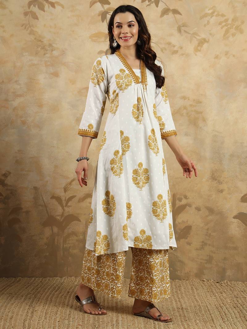 Cotton Blend Fabric Printed work Straight cut Kurta, Pant and Dupatta Set