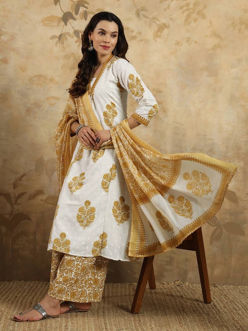 Cotton Blend Fabric Printed work Straight cut Kurta, Pant and Dupatta Set