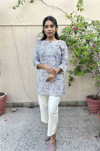 White cotton block printed kurti
