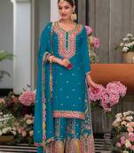 Turquoise blue pink premium embroidered chinon silk stitched salwar suit