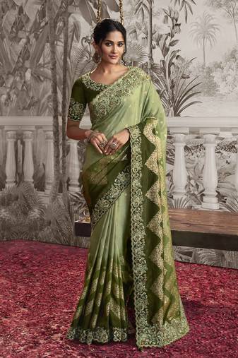  Green Jacquard Silk Embroidery Heavy border work Saree with Unstitch Blouse Piece