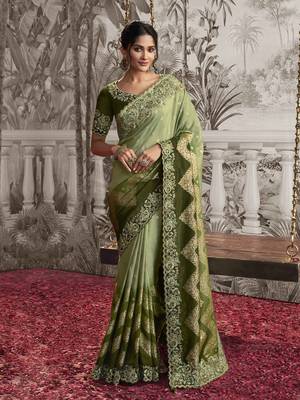  Green Jacquard Silk Embroidery Heavy border work Saree with Unstitch Blouse Piece 1