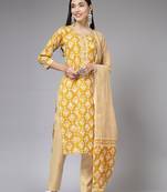 Mustard floral printed aline kurta pant with dupatta set