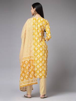 Mustard floral printed aline kurta pant with dupatta set 2
