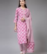 Pink floral printed aline kurta pant with dupatta set