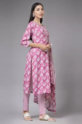 Pink floral printed aline kurta pant with dupatta set