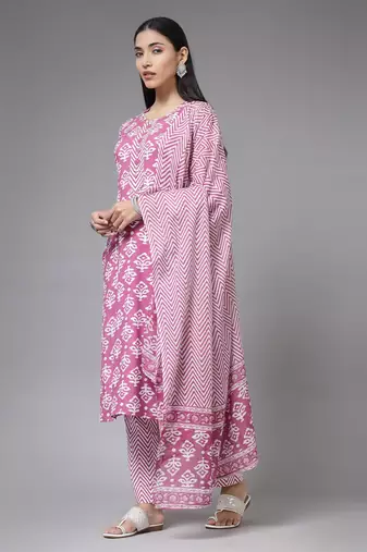 Pink floral printed aline kurta pant with dupatta set