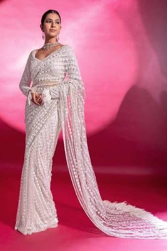 White Bollywood Net Embroidery Sequins work Saree with Unstitch Blouse Piece