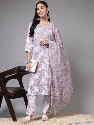 Light purple printed embroidered aline kurta pant with dupatta set 1