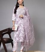 Light purple printed embroidered aline kurta pant with dupatta set