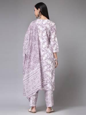 Light purple printed embroidered aline kurta pant with dupatta set 2