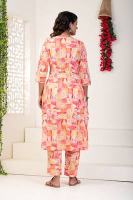 Pink abstract print kurti set for women 4