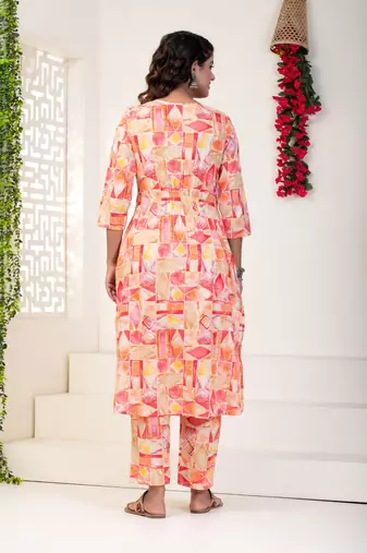 Pink abstract print kurti set for women