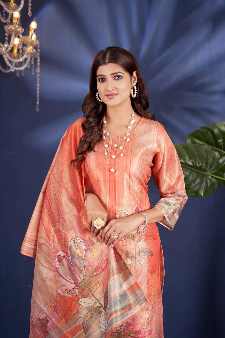 Sareez4u Peach Handwork And Digital Print Design Simar Fabric Sitich Salwar Kameez Readymade 