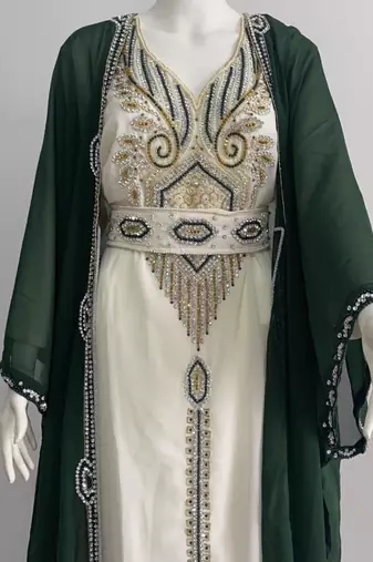 Green & White Handcrafted Zari work Stitched Dress Georgette Kaftan Wedding Dress 343