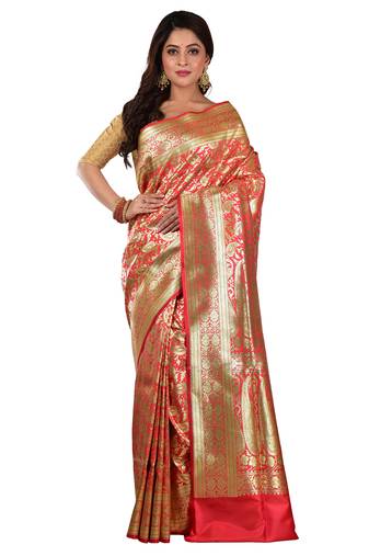 Peach Woven Banarasi silk blend Wedding Saree with blouse piece