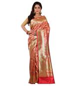 Peach Woven Banarasi silk blend Wedding Saree with blouse piece