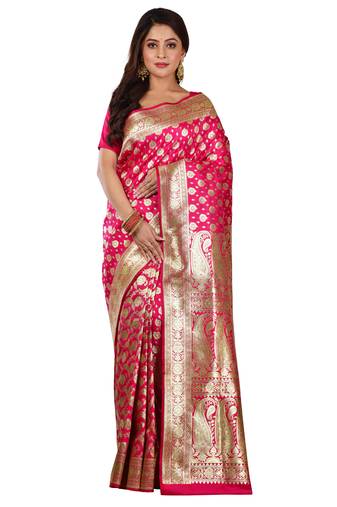 Dark Pink Woven Banarasi Silk Wedding Saree with blouse piece