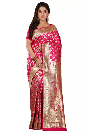 Dark Pink Woven Banarasi Silk Wedding Saree with blouse piece