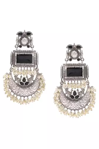 Oxidized stone long dangler earrings with pearls